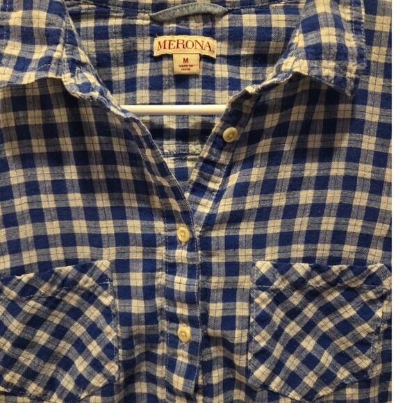 MERONA BUTTON DOWN BLUE AND WHITE CHECKERED BLOUSE SZ M - Picture 3 of 6